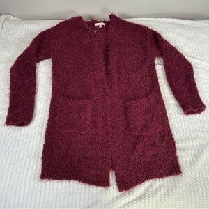 Love Tree Womens Maroon Fuzzy Popcorn Eyelash Sweater Cardigan Pockets Large
